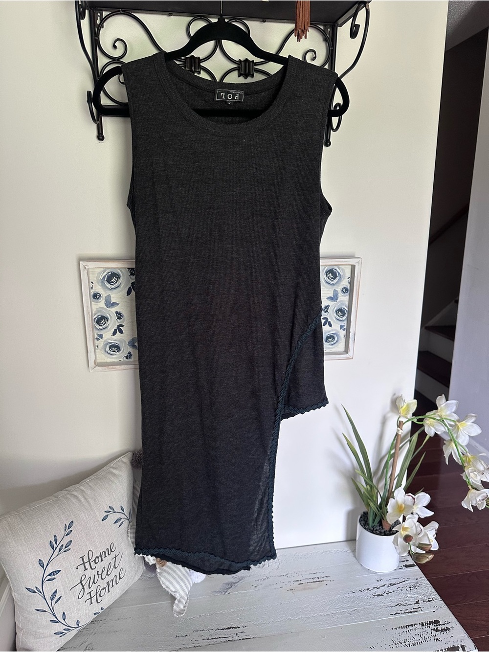 POL Sleeveless Asymmetric Tunic in Charcoal Gray